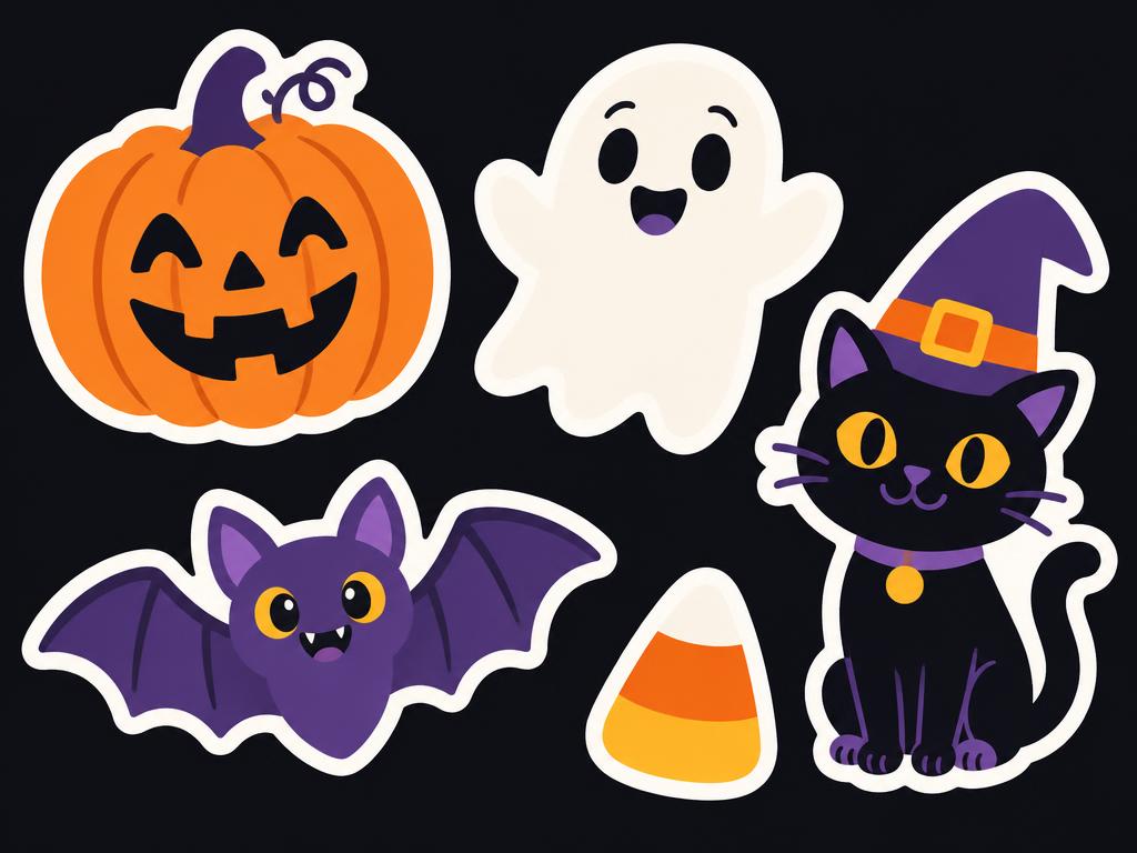 Pumpkin, ghost, bat, candy corn and black cat stickers